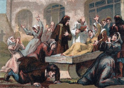 Jansenism: المتشنجون (المتعصبون Jansenist) من مقبرة Saint Medard (Saint Medard) في عهد لويس الخامس عشر. الطباعة الحجرية الملونة حوالي عام 1890. بواسطة المدرسة الفرنسية