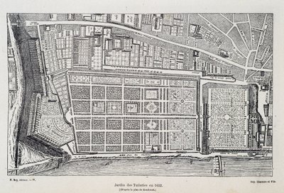 Jardin des Tuileries في عام 1652 (بعد خطة Gomboust) - في "Paris عبر القرون" ، بقلم H.Gourdon de Genouillac ، محرر. ف. روي ، باريس بواسطة المدرسة الفرنسية