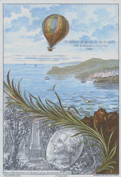 Jean-Pierre Blanchard and John Jeffries making the first balloon flight across the English Channel, 7 January 1785 (colour litho) بواسطة المدرسة الفرنسية
