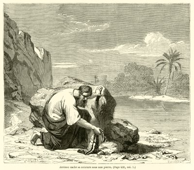 Jeremie cache sa ceinture sous une pierre (engraving) بواسطة المدرسة الفرنسية