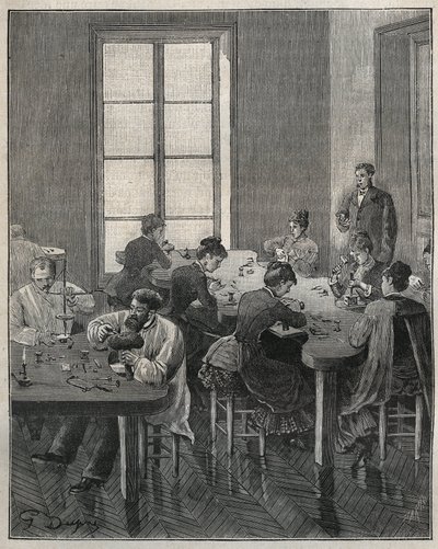 ورشة مجوهرات في باريس في القرن التاسع عشر. نقش من عام 1885 في "" Les Arts et metiers Illustres "" لأدولف بيتارد. بواسطة المدرسة الفرنسية