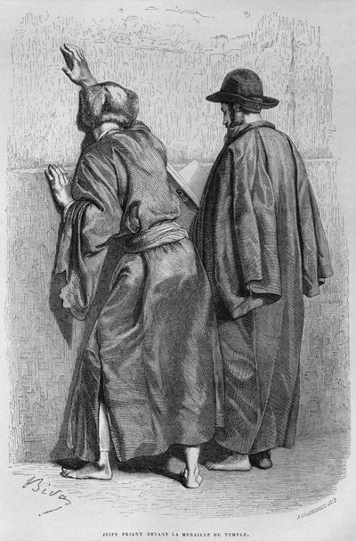 رجال يهود في حائط المبكى من سوريا اليوم. السفر إلى فينيسيا ولبنان وجودي. 1875-1880 من لويس تشارلز إميل لورت ، 1884 (النقش وزن الجسم) بواسطة المدرسة الفرنسية
