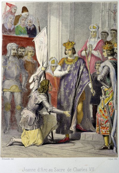 Joan of Arc at the coronation of Charles VII - lithography بواسطة المدرسة الفرنسية