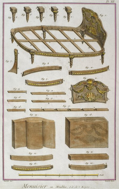 النجار ، أريكة ، رسم توضيحي من موسوعة العلوم والعدادات بواسطة دينيس ديدرو (1713-1784) نقشها روبرت بينارد (fl.1734) نشر c.1770 (نقش الألوان) بواسطة المدرسة الفرنسية