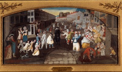 نكت من شوارع باريس: شارع سان انطوان. - "" Les farces des rues de Paris: la rue du faubourg Saint Antoine a Paris "" المارة ، الكبار والأطفال ، الترفيه والقتال. في الخلفية نرى سجن الباستيل. الرسم (لدي بواسطة المدرسة الفرنسية