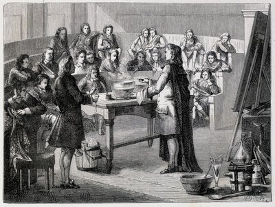 جوزيف بلاك (1728 - 1799) ، الكيميائي والفيزيائي البريطاني ، يختبر السعرات الحرارية الكامنة أمام طلاب جامعة جلاسكو بواسطة المدرسة الفرنسية