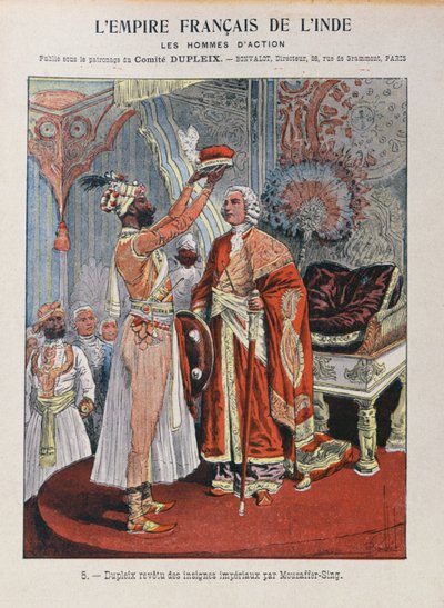 جوزيف فرانسوا دوبليكس (1697-1763) يتلقى شارة الإمبراطورية من حاكم هندي ، غلاف كتاب التمارين المدرسية c.1900 بواسطة المدرسة الفرنسية