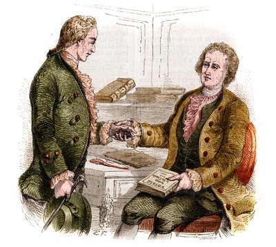 جوزيف دي مايستر (1753-1821) ، سياسي وكاتب وفيلسوف فرنسي ، والكونت كزافييه دي مايستر (1763-1852) ، ضابط وكاتب فرنسي مع النسخة الأولى من "رحلة حول غرفتي". رسم الغابة. نقش من 1852. بواسطة المدرسة الفرنسية