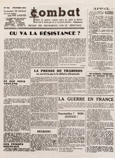 مجلة COMBAT - العدد 54 - فبراير 1944 - عضو حركات المقاومة الموحدة. (جريدة سرية) - الى اين تذهب المقاومة بواسطة المدرسة الفرنسية