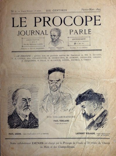 جورنال دو برووب ، مقهى باريسي ، فبراير 1895: صور لشعراء فرنسيين بول فيرلين ، بول أرين ولوران تيلهايد. بواسطة المدرسة الفرنسية