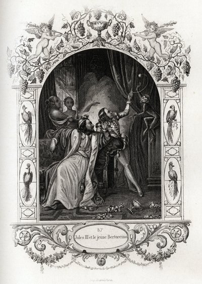 Julius III (julius or Iulius or Giulio) (pope from 1550 to 1555) and the young Bertuccino, the monkey show. Engraving to illustrate Histoire des popes by Maurice Lachatre (1814-1900), librairie du progres, Paris. بواسطة المدرسة الفرنسية