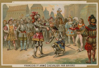 منح الملك تشارلز الأول ملك فرنسا لقب فارس من قبل Chevalier de Bayard بعد معركة Marignano ، 1515 بواسطة المدرسة الفرنسية
