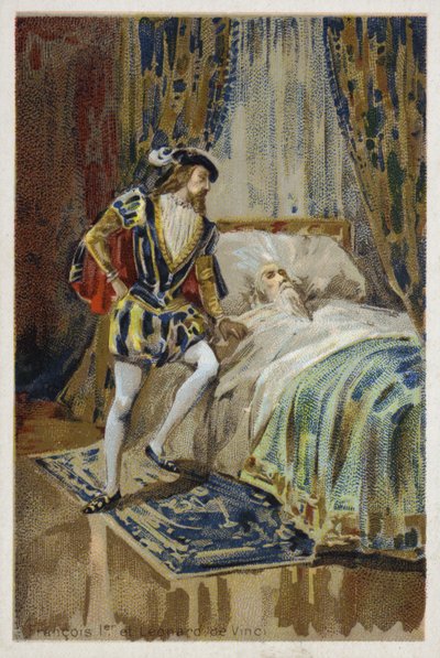 الملك فرانسيس الأول ملك فرنسا عند سرير ليوناردو دا فينشي المحتضر ، 1519 بواسطة المدرسة الفرنسية