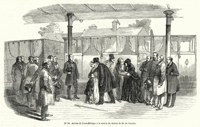 وصول ملك فرنسا لويس فيليب إلى محطة سكة حديد كرويدون بعد إجباره على النفي ، فبراير 1848 (نقش) بواسطة المدرسة الفرنسية