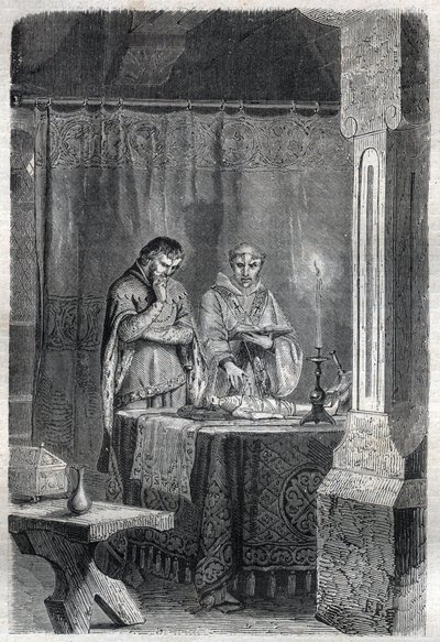 استشار ملك فرنسا شارل الخامس الحكيم (1338 - 1380) اللهايات. نقش في "" تاريخ الباباوات (...) جرائم الملكة الملك والأباطرة عبر القرون "بقلم موريس لاشاتر بواسطة المدرسة الفرنسية