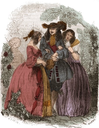 ملك فرنسا لويس الرابع عشر (1638-1715) مع هورتنس مانشيني (1646-1699) وشقيقته ماري مانشيني (1639-1715). بنات اخوات مازارين. نقش القرن التاسع عشر. بواسطة المدرسة الفرنسية