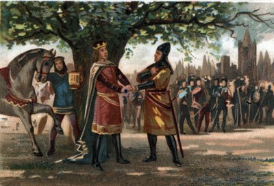التقى ملك فرنسا فيليب أوغسطس (1165-1223) بالملك ريتشارد قلب الأسد في سانت دينيس أثناء الاستيلاء على أوريفليم. الطباعة الحجرية الملونة حوالي عام 1890. بواسطة المدرسة الفرنسية