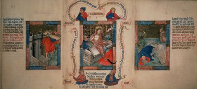 الملوك 5 و 20 القيامة ، شمشون يكسر أبواب غزة ، يونس هارب من الحوت ، من Biblia Pauperum ، أوائل القرن الخامس عشر (الرق) بواسطة المدرسة الفرنسية