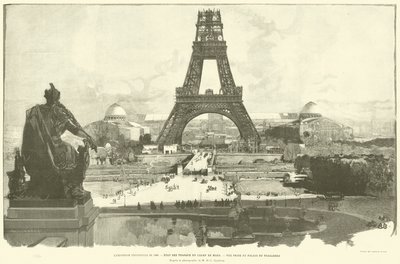 المعرض العالمي لعام 1889 ، حالة أعمال Champ de Mars ، منظر مأخوذ من قصر Trocadero ، من صورة السيد HC Godefroy (نقش) بواسطة المدرسة الفرنسية