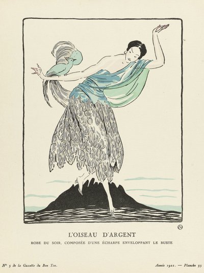 الطائر الفضي. فستان سهرة يتكون من وشاح يلف الصدر من لا جازيت دو بون تون ، حانة. 1914 (طباعة استنسل) بواسطة المدرسة الفرنسية