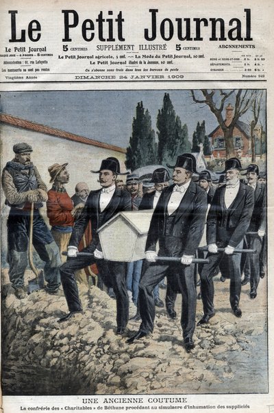 La Confrerie des Charitables de Saint Eloi (Saint-Eloi) de Bethune تشرع في محاكاة دفن الدعوات بعد إعدام الفرقة في بوليت ، المقصلة في 11 يناير - "" Le Petite Journal "" في 24 يناير بواسطة المدرسة الفرنسية
