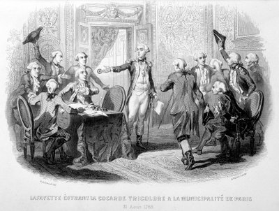 La Fayette (Lafayette) تقدم Cocard Tricolore إلى بلدية باريس (31 أغسطس 1789) - في "Fastes de Gardes nationales de France" " بواسطة المدرسة الفرنسية