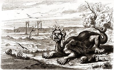 لا فروند (1648-1653): حيوان وحشي بشعر أفعى، يقف فوق جثث وهياكل عظمية بشرية بواسطة المدرسة الفرنسية