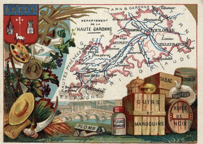 La Haute Garonne (Haute-Garonne ، 31) ، ميدي بيرينيه (ميدي بيرينيه) ، فرنسا. التخصص المحلي: الرصاص ، أزهار البرتقال ، المعجون ، الجلود والمصنوعات الجلدية ، التبغ ، زيت الجوز ، القطران والكمأ. سلسلة عن الأقسام الفرنسية. Chromolithography (Chromo) "&quo بواسطة المدرسة الفرنسية
