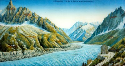 The Mer du Glace، Aiguille du Dru and Montanvers Station، c1900 (صورة ملونة) بواسطة المدرسة الفرنسية
