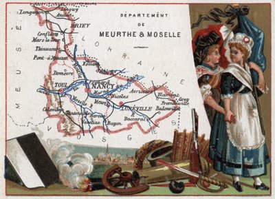 La Meurthe et Moselle (Meurthe-Et-Moselle، 54)، Lorraine، France. صورة لامرأتين ثوريتين. سلسلة عن الأقسام الفرنسية. الطباعة الحجرية الملونة (Chromo) "" الخيط الجغرافي "" ، حوالي عام 1920. مجموعة خاصة. بواسطة المدرسة الفرنسية