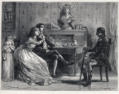La Terreur أثناء الثورة الفرنسية: تلقى كاميل ديسمولين (1760-1794) ، المسجون ، زيارة زوجته لوسيل (1770-1794) والماريشال غيوم برون (1763-1815) بواسطة المدرسة الفرنسية
