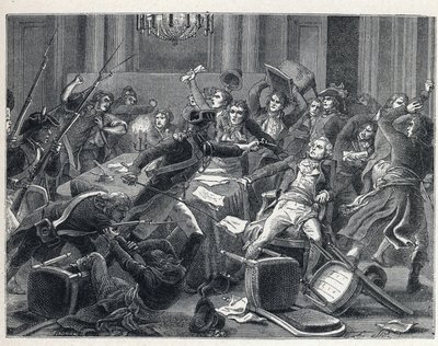 La Terreur أثناء الثورة الفرنسية: اعتقال Maximilian de Robespierre (1758-1794) وأنصاره اجتمعوا في فندق de Ville de Paris في 9 Thermidor العام الثاني (27 يوليو 1794). في الوسط ، أطلق أحد رجال الدرك مسدسًا على روبسبير (1758-1794). بواسطة المدرسة الفرنسية