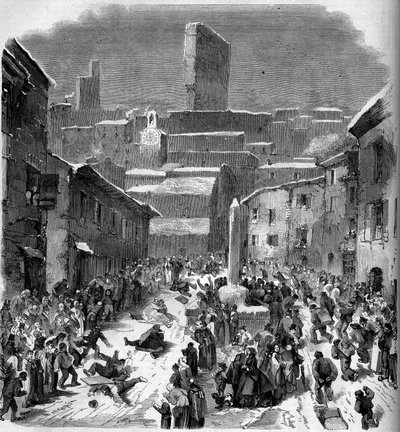 الشريحة في باريوتس (مزلقة) في بوردو ، دروم (26) ، شتاء 1860. نقش في "" Le Monde Illustré "" رقم 149 بتاريخ 18 فبراير 1860. بواسطة المدرسة الفرنسية