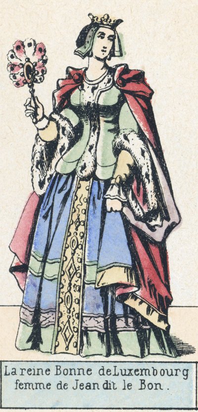 La reine Bonne de Luxembourg, femme de Jean dit le Bon (coloured engraving) بواسطة المدرسة الفرنسية
