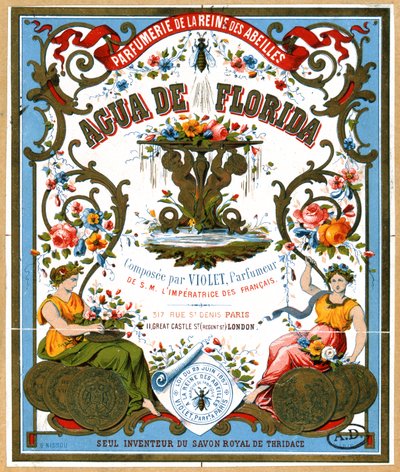 ملصق إعلان عن عطر Aqua de Florida من متجر العطور La Reine des Abeilles ، باريس ، النصف الثاني من القرن التاسع عشر بواسطة المدرسة الفرنسية