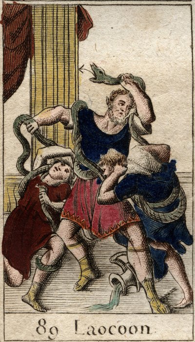 يرسل Laocoon Minerve الذي يدعم الإغريق ثعابين البحر لمهاجمة Laocoon التي تحذر سكان مدينة طروادة من الحصان. ألقى الثعابين بأنفسهم على ولديه وحركوهم ، ثم هاجموا لاكون. (أرسلت مينيرفا دعم الإغريق بواسطة المدرسة الفرنسية