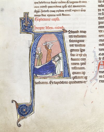 حرف "أ" كبير مؤرخ ، يُظهر جوديث بسيف مرفوع فوق Holofernes نائم ، حوالي 1200-1225 (أحبار بنية ، حمراء ، بيضاء وزرقاء على أرضية وردية (رق) مع غول) بواسطة المدرسة الفرنسية