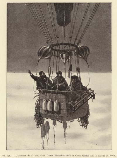 صعود 15 أبريل 1875 ، جاستون تيساندير ، سيفيل وكروس سبينيلي في زينيث جندول (نقش) بواسطة المدرسة الفرنسية