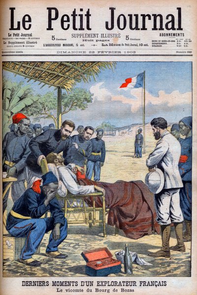 اللحظات الأخيرة للمستكشف الفرنسي Viscount Pierre Marie Robert Du Bourg de Bozas (1871-1903) في منطقة Bourg de Boza في إفريقيا الاستوائية "Le Petit Journal" في 22 فبراير بواسطة المدرسة الفرنسية