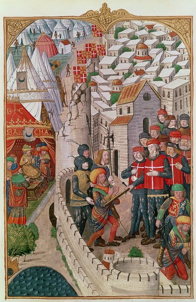 Lat 6067 f.39 إعدام الأتراك اللذين تسللا إلى رودس وتآمروا لتسمم قائد الحامية عام 1480 ، من A History of the Siege of Rhodes ، بواسطة Guillaume Caoursin ، 148 بواسطة المدرسة الفرنسية