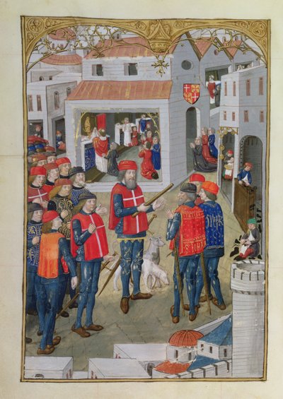 Lat 6067 fol.33v فرسان القديس يوحنا من القدس يستعدون للدفاع عن رودس ، من تاريخ حصار رودس ، بقلم غيوم كاورسين ، 1483 بواسطة المدرسة الفرنسية
