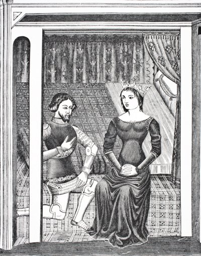 Launcelot و Guinevere ، بعد منمنمة من مخطوطة من القرن الرابع عشر ، من العلوم والأدب في العصور الوسطى بواسطة Paul Lacroix Pub. لندن 1878 بواسطة المدرسة الفرنسية