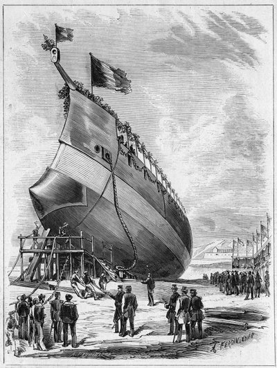 إطلاق السفينة المدرعة "La Galissonniere" ، 7 مايو 1872 في ميناء بريست ، فينيستير (29). نقش في "" Le Monde Illustré "" رقم 789 بتاريخ 25 مايو 1872. بواسطة المدرسة الفرنسية