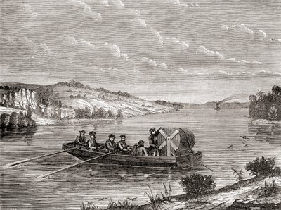وضع كابل تلغراف تحت نهر أمريكي حوالي عام 1860 ، من Les Merveilles de la Science ، تم نشره حوالي عام 1870 (نقش) بواسطة المدرسة الفرنسية