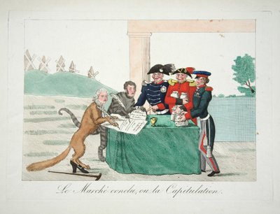 Le Marche Concluded، or the Capitulation، pub. 1814 (نقش ملون يدوي) بواسطة المدرسة الفرنسية