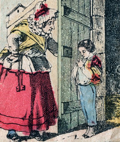 Le Pere Fouettard ، الشخصية الفرنسية لأب الجلد ، شخصية أسطورية للفولكلور تعاقب الأطفال المشاغبين: زوجته ، La Mere Fouettard ، الأم الجلد ، التي تلد أطفالًا تائبين - صورة إبينال بواسطة المدرسة الفرنسية