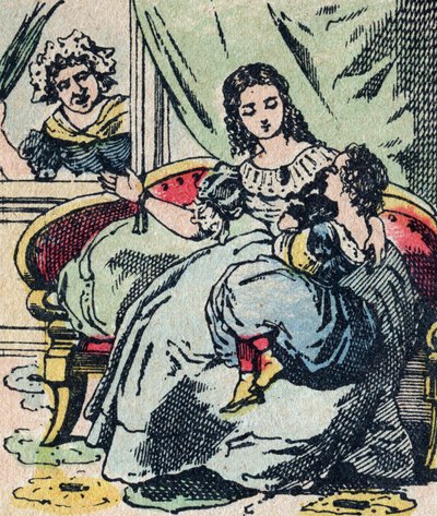Le Pere Fouettard ، الشخصية الفرنسية لأب الجلد ، شخصية أسطورية للفولكلور تعاقب الأطفال المشاغبين: زوجته ، La Mere Fouettard ، الأم الجلد التي لا توبيخ الأطفال الحكماء - صورة إبينالية بواسطة المدرسة الفرنسية