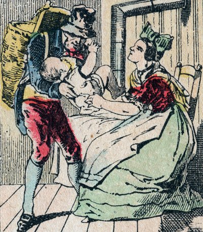 شخصية Le Pere Fouettard الفرنسية للأب الجلدي ، شخصية أسطورية للفولكلور تعاقب الأطفال المشاغبين وتحيط بالأولاد العُصاة ، صورة إبينالية من القرن التاسع عشر (نقش) بواسطة المدرسة الفرنسية