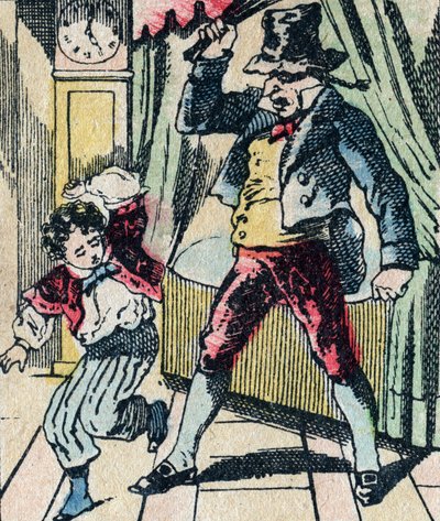 شخصية Le Pere Fouettard الأسطورية للفولكلور ، ومعاقبة الأطفال غير الحكماء بسوطه ، وإحاطة الأطفال المستعدين ، صورة إبينال بواسطة المدرسة الفرنسية