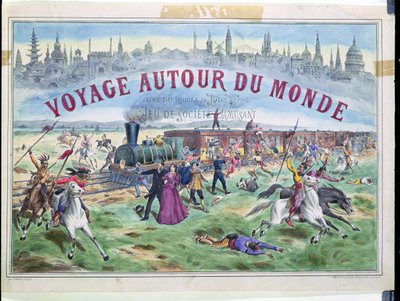 Le Voyage Autour du Monde ، غلاف صندوق للعبة مبنية على أساس حول العالم في 80 يومًا من جول فيرن (1828-1905) بواسطة المدرسة الفرنسية